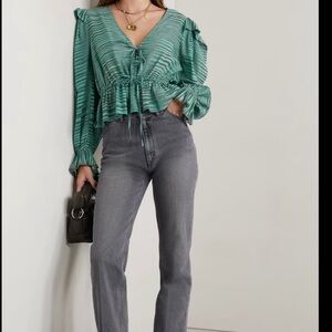 BRAND NEW $295 Ulla Johnson Ophelia Cotton Peplum Blouse TealStripe | Size 4